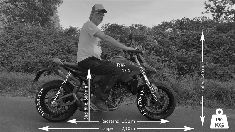 So sitzt man auf der Supermoto: Vorderrad-orientiert, dennoch angenehm aufrecht.